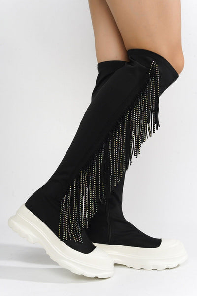 ARETHA - BLACK Thigh High Boots - AMIClubwear