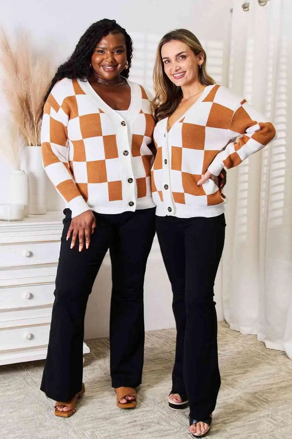 Double Take Tied Checkered Dropped Shoulder Flounce Sleeve Cardigan from S to XL