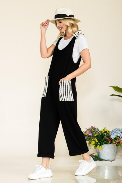 Celeste Full Size Stripe Contrast Pocket Rib Jumpsuit - AMIClubwear
