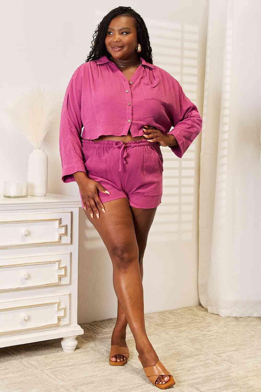 Basic Bae Buttoned Long Sleeve Top and Shorts Set - AMIClubwear