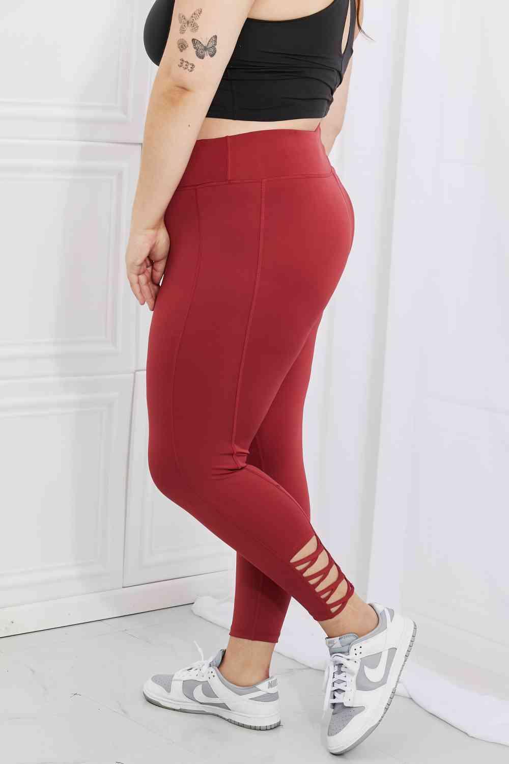 Yelete Ready For Action Full Size Ankle Cutout Active Leggings in Brick Red - AMIClubwear