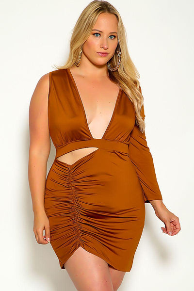 Beige Long Sleeve One Shoulder Cut Out Ruched Plus Size Party Dress - AMIClubwear