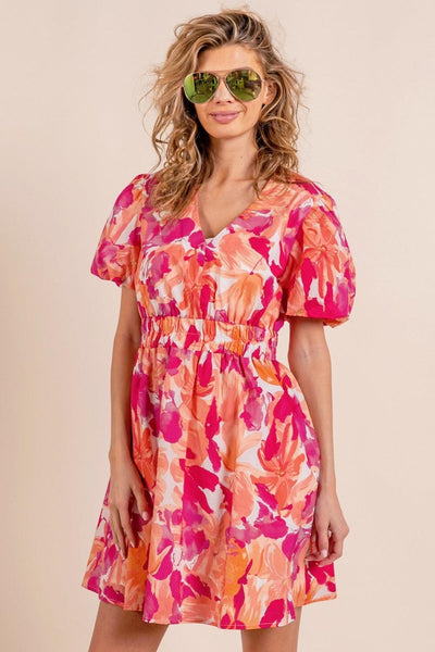 BiBi Floral V-Neck Puff Sleeve Mini Dress - AMIClubwear