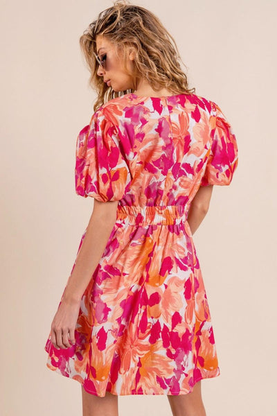 BiBi Floral V-Neck Puff Sleeve Mini Dress - AMIClubwear