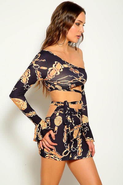 Black Chain Print Long Sleeves Two Piece Sexy Dress - AMIClubwear