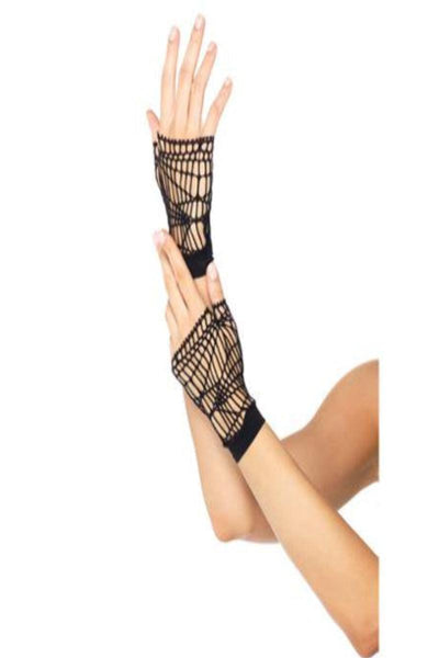 Black Distressed Net Fingerless Costume Gloves - AMIClubwear