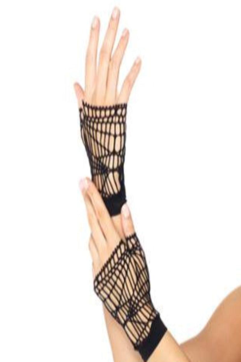 Black Distressed Net Fingerless Costume Gloves - AMIClubwear