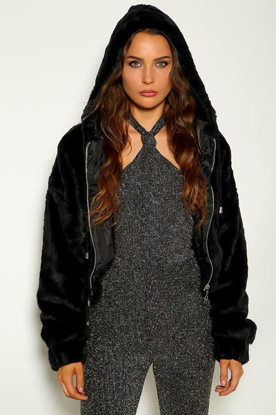 Black Faux Fur Zip Up Fluffy Hoodie Jacket - AMIClubwear