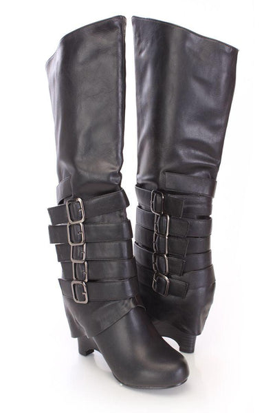 Black Faux Leather Casual Knee High Strappy Round Toe Boots - AMIClubwear