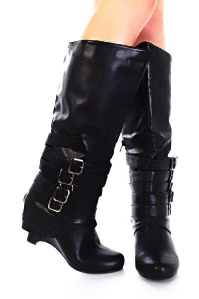 Black Faux Leather Casual Knee High Strappy Round Toe Boots - AMIClubwear