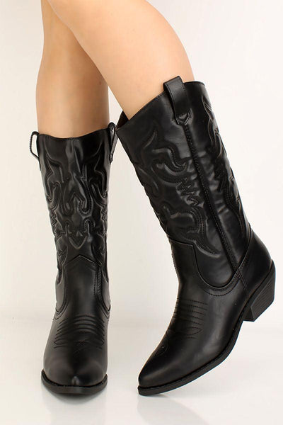 Black Faux Leather Cowgirl Pointy Boots - AMIClubwear