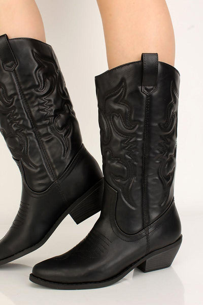Black Faux Leather Cowgirl Pointy Boots - AMIClubwear