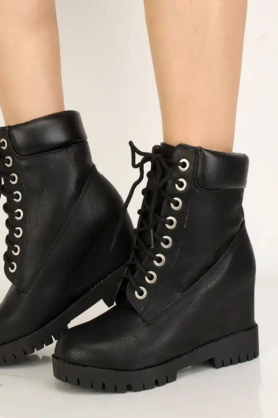 Black Faux Leather Lace Up Booties - AMIClubwear