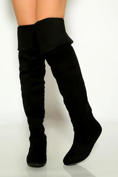 Black Faux Suede Flat Thigh High Two Styles Foldable Boots - AMIClubwear