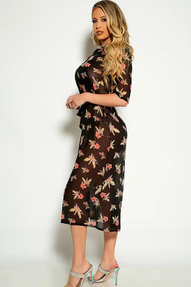 Black Floral Print Quarter Sleeve Belted Dress - AMIClubwear