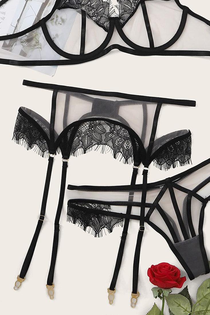 Black Frayed Trim Sexy Cut Out Lingerie Set - AMIClubwear