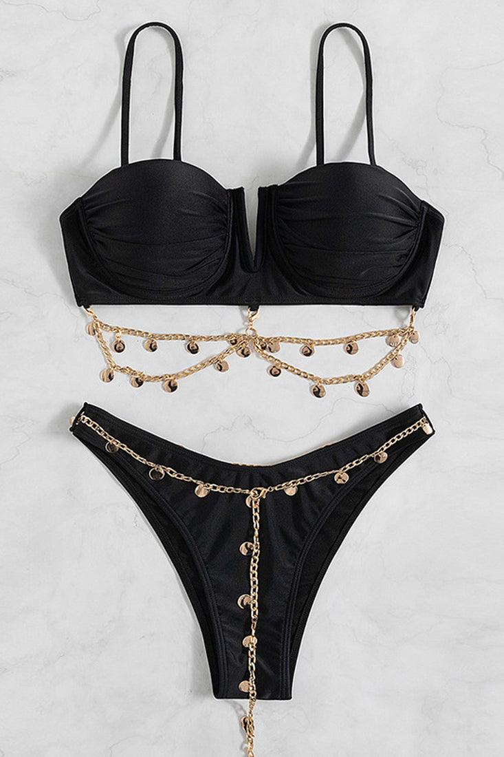 Black Gold Chain Accent Two Piece Swimsuit - AMIClubwear