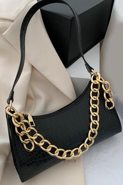 Black Gold Chain Strap Crocodile Print Handbag - AMIClubwear