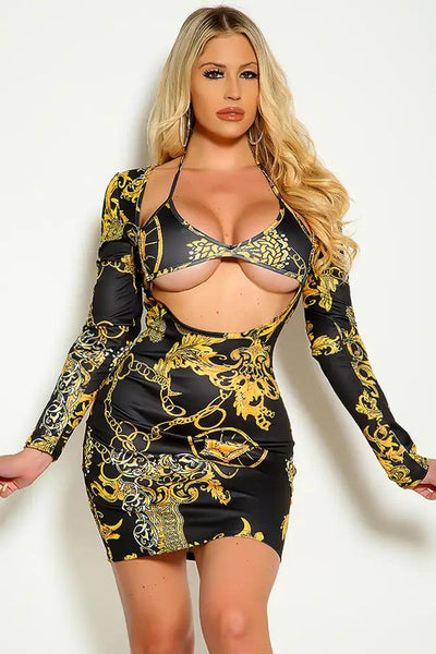 Black Gold Long Sleeve Graphic Print Cut Out Two Piece Outfit - AMIClubwear