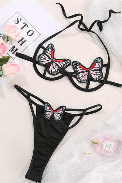 Black Halter Butterfly Embroidered Strappy 2 Pc Lingerie Set - AMIClubwear