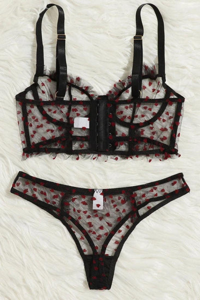 Black Heart Pattern See Through Ruffle Sexy 2 Pc Lingerie Set - AMIClubwear