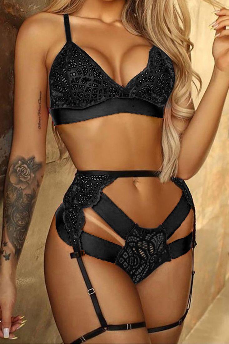 Black Lace Strappy Sexy Two Piece Lingerie - AMIClubwear