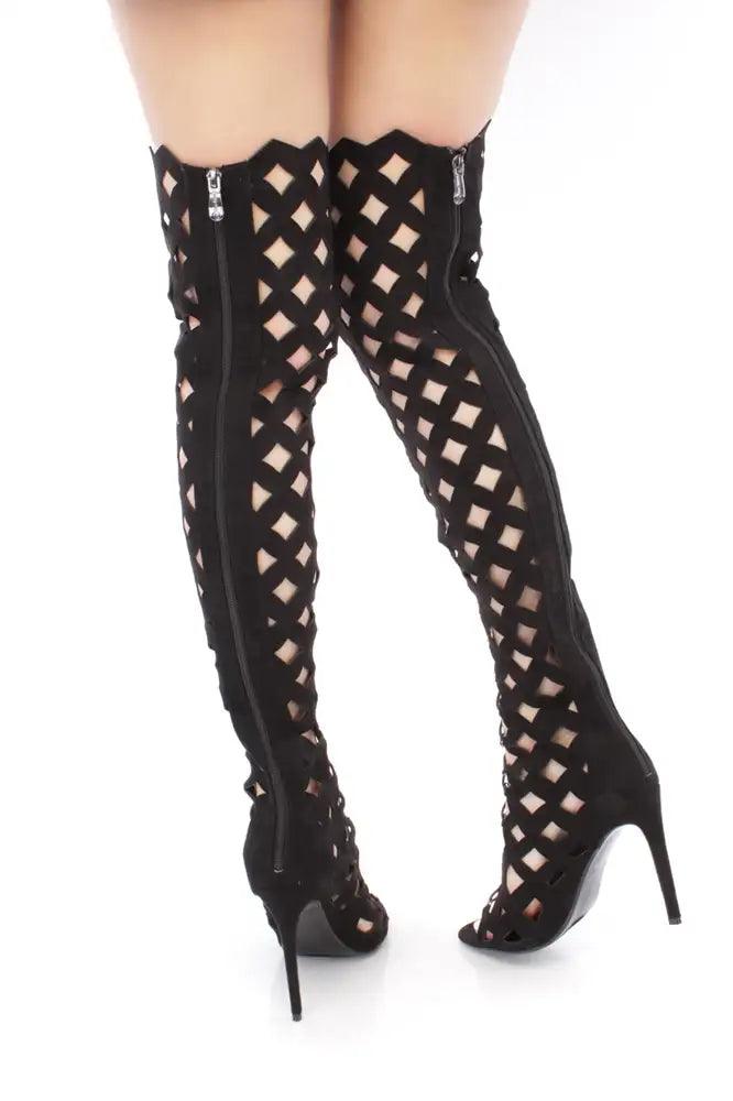 Black Lace Up Thigh High Caged Boots Faux Suede - AMIClubwear