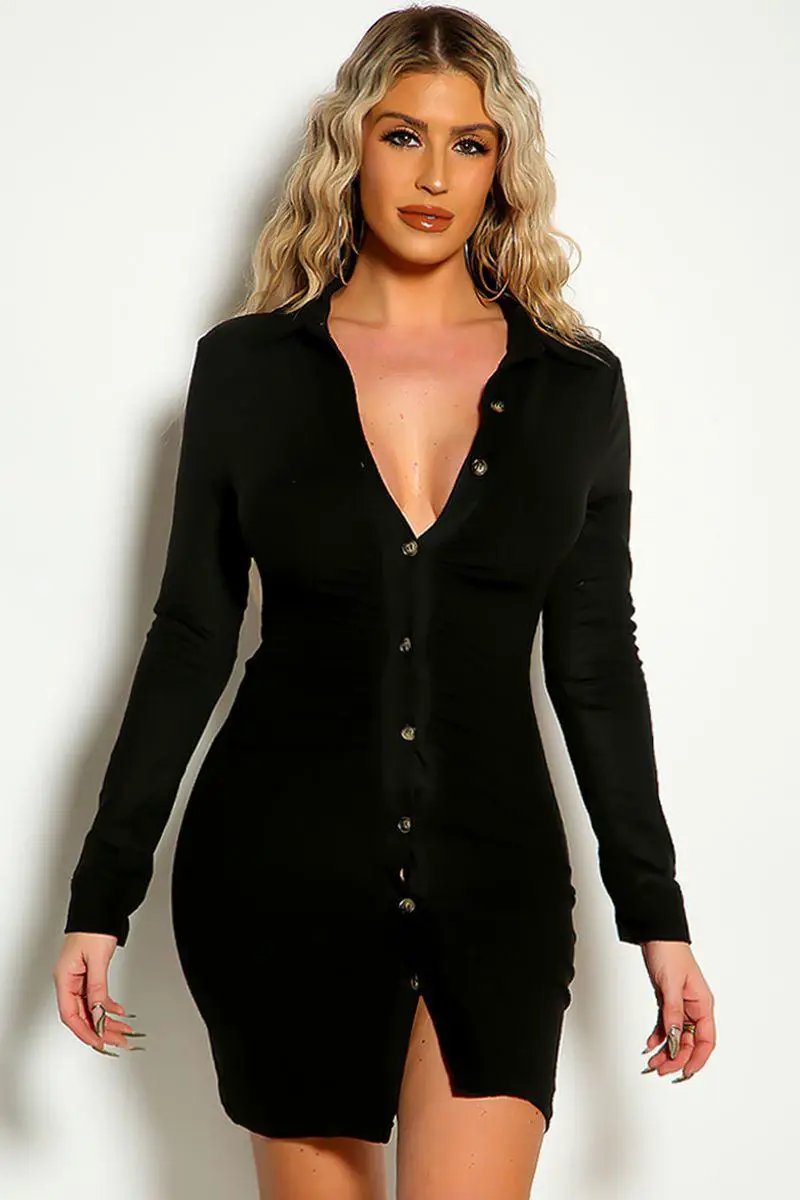 Black Long Sleeve Button Up Ruched Casual Dress – AMIClubwear