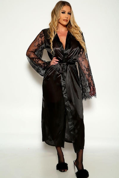 Black Long Sleeve Faux Satin Lace Belted Robe - AMIClubwear