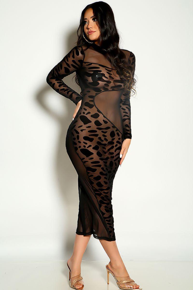 Black Long Sleeve Mesh Animal Print Detail Midi Dress - AMIClubwear