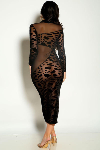Black Long Sleeve Mesh Animal Print Detail Midi Dress - AMIClubwear