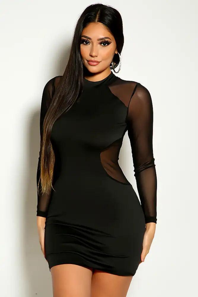 Black Long Sleeve Mesh Detail Party Dress - AMIClubwear