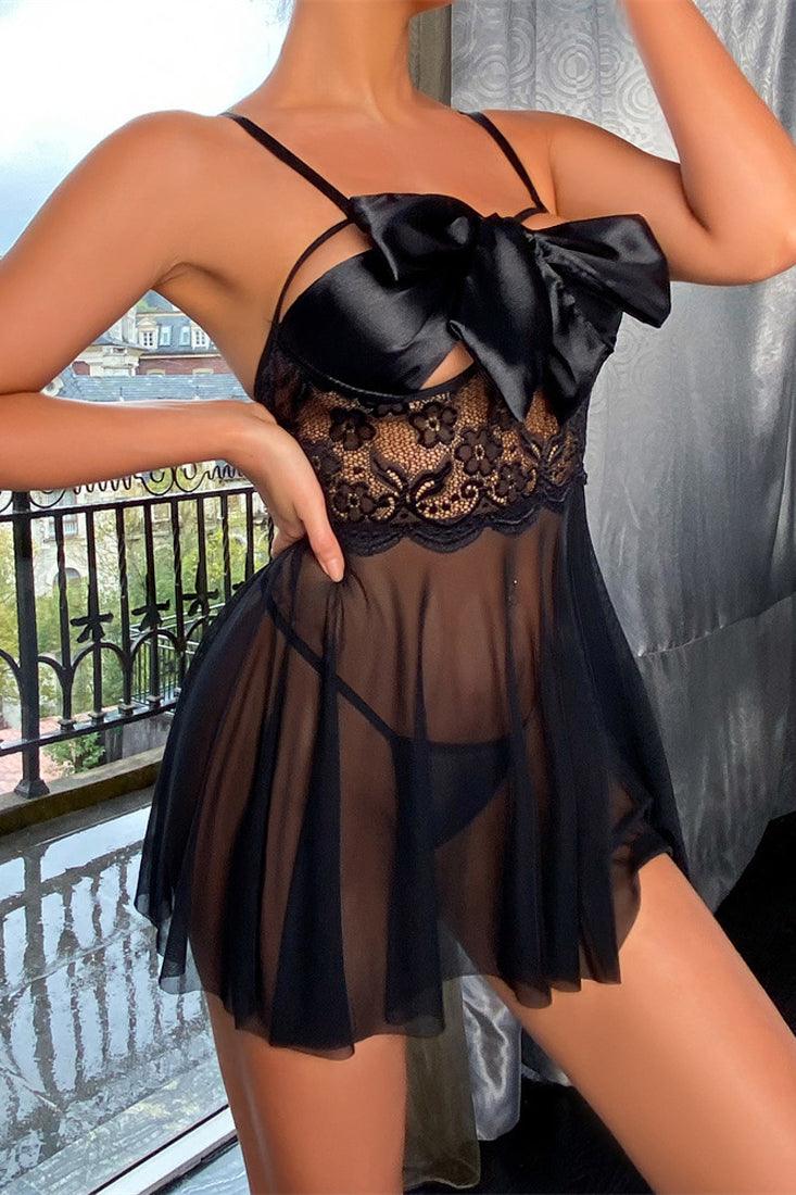 Black Mesh Unwrap Me Bow Tie Sexy Slip Lingerie Dress Set With