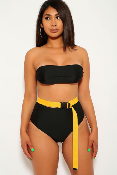 Black Mustard High Waist Three Piece Swimsuit Set - AMIClubwear