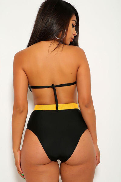 Black Mustard High Waist Three Piece Swimsuit Set - AMIClubwear