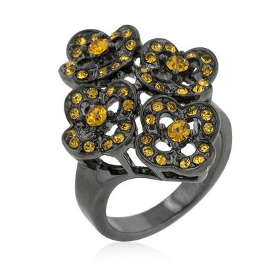 Black Mystique Yellow Crystal Floral Ring - AMIClubwear