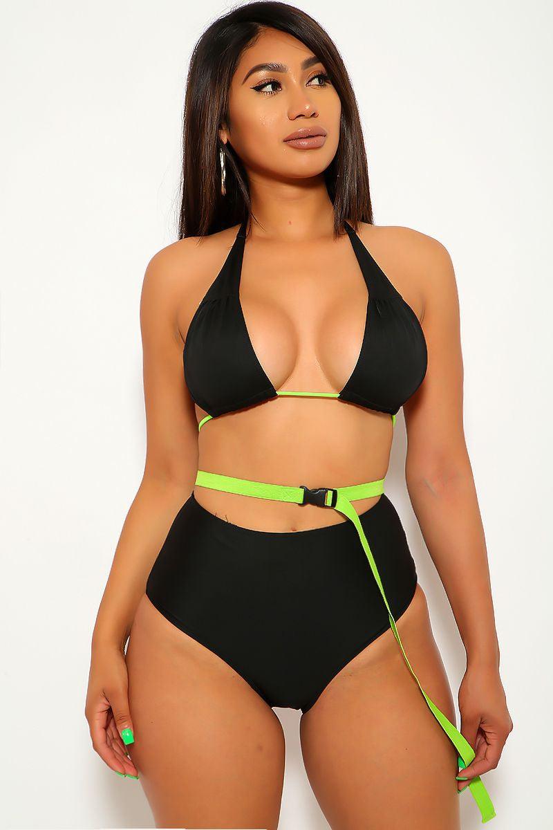 Black Neon Lime Belted Two Piece Swimsuit - AMIClubwear