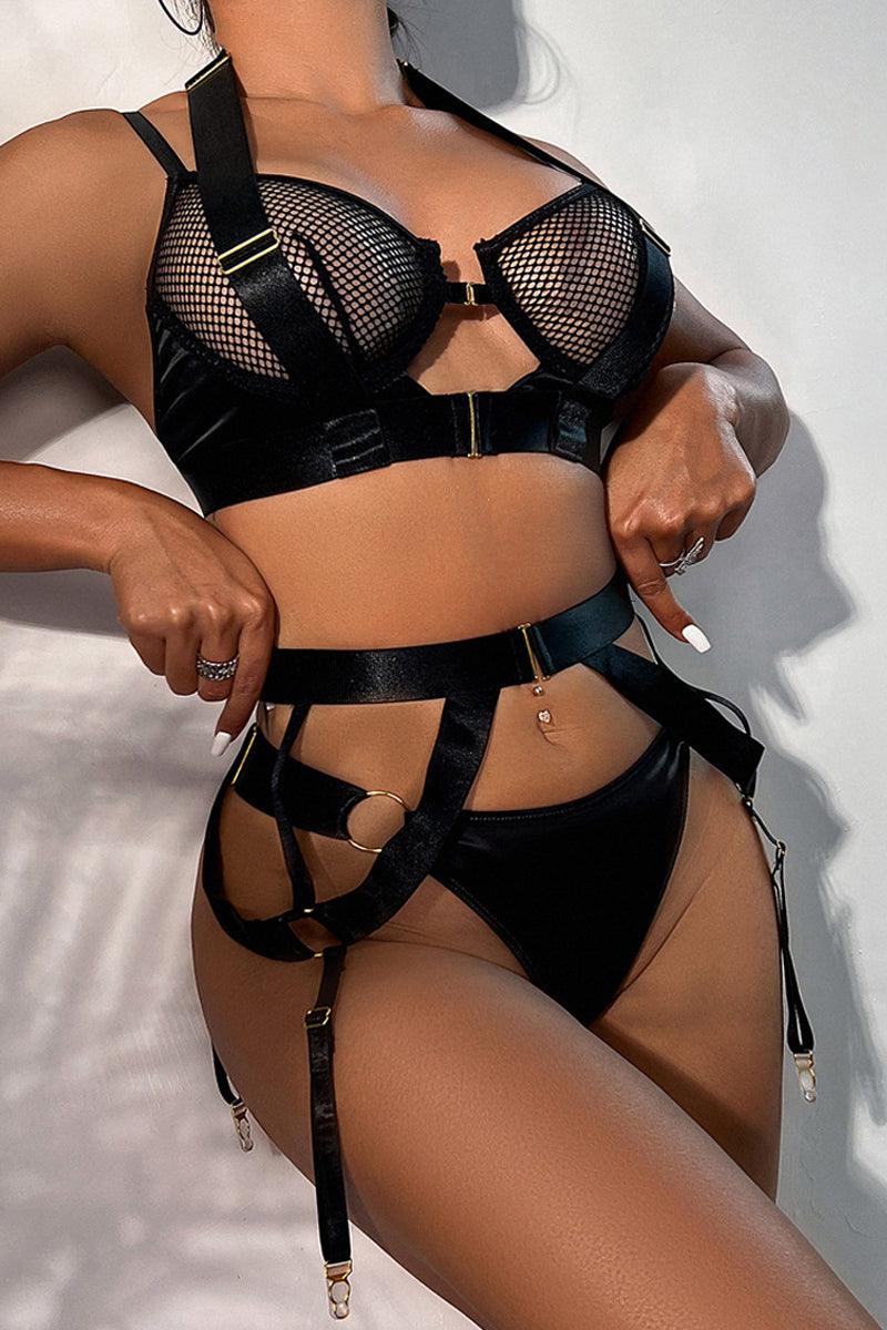Black Netted Strappy Halter Cheeky Lingerie Set - AMIClubwear