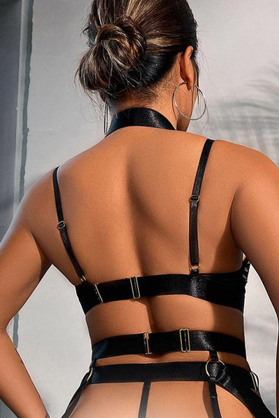 Black Netted Strappy Halter Cheeky Lingerie Set - AMIClubwear