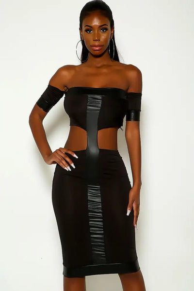 Black Off The Shoulder Cut Out Faux Leather Detail Party Dress - AMIClubwear