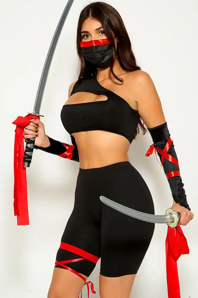 Black One shoulder Cut Out Sexy Ninja 4 Piece costume - AMIClubwear