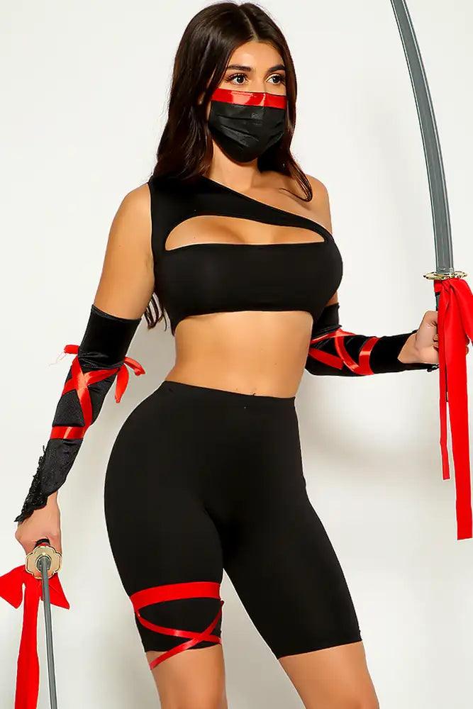 Black One shoulder Cut Out Sexy Ninja 4 Piece costume - AMIClubwear