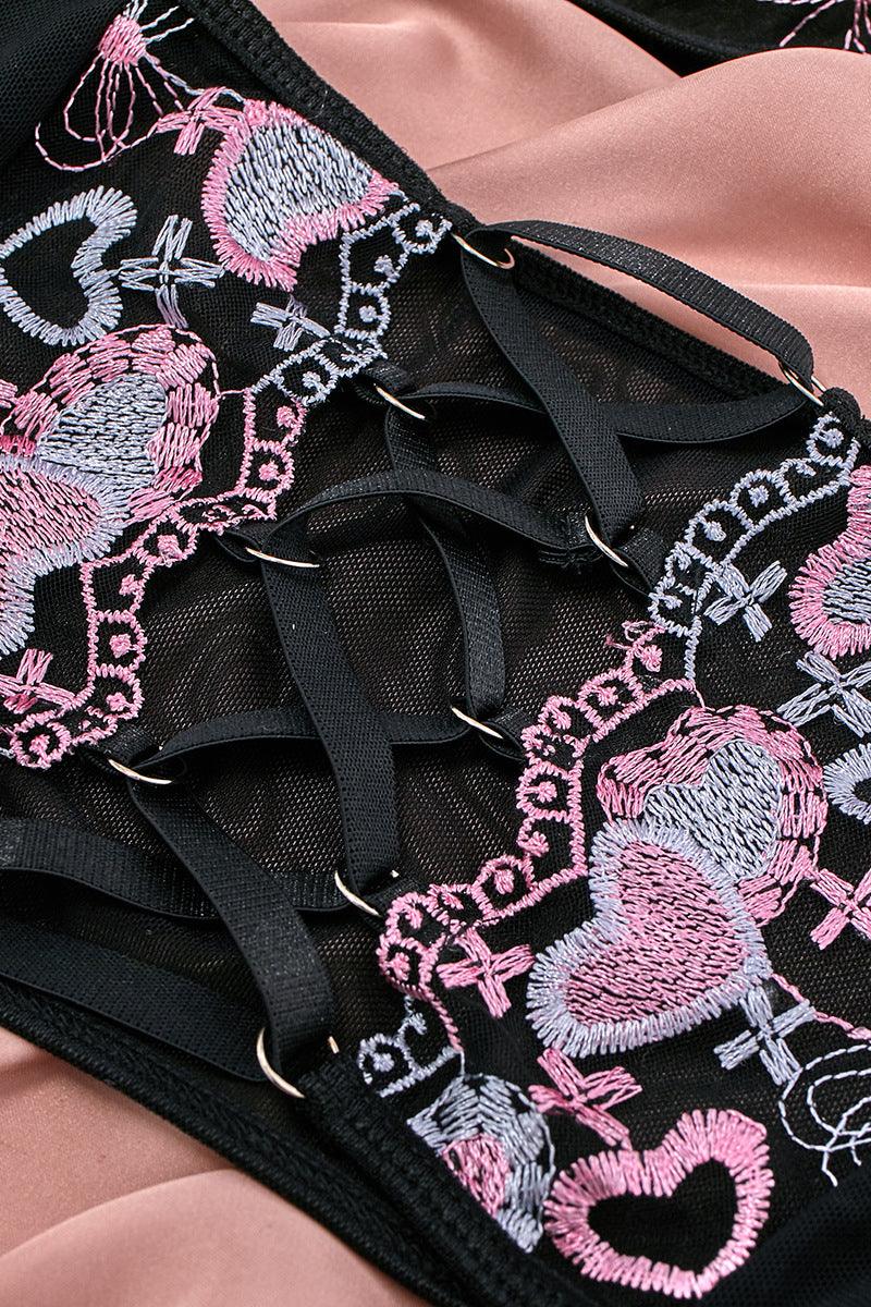 Black Pink Hearts Embroidery Mesh Garter Underwire Lingerie Set - AMIClubwear