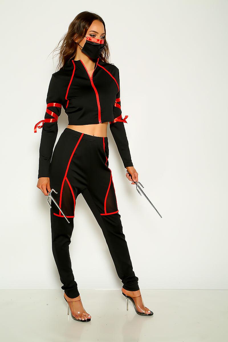 Black Red Sexy Long Sleeve Top 2 Pc Costume - AMIClubwear