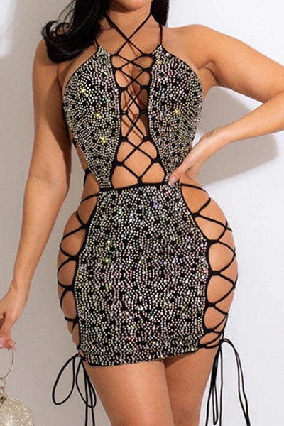 Black Rhinestone Cut Out Lace Up Party Dress - AMIClubwear