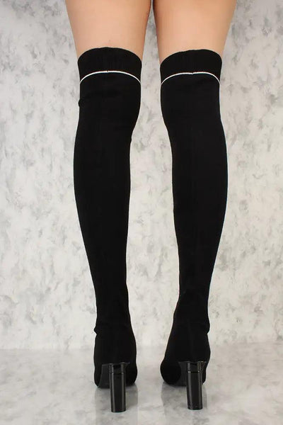 Black Round Pointy Toe Thigh High Chunky Heel Sock Boots - AMIClubwear