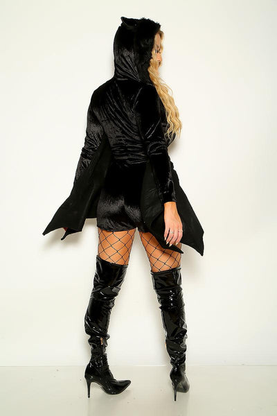 Black Sexy Bat Cozy Zip Up Romper Boned Batwing 1 Pc Costume - AMIClubwear