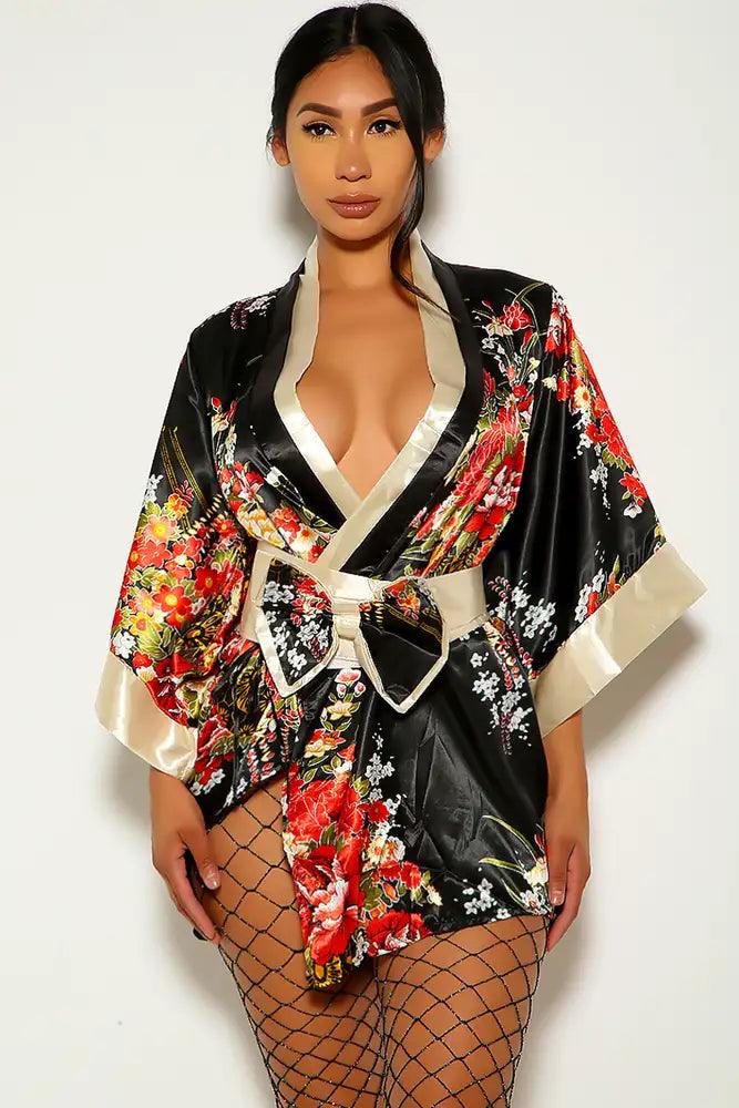 Black Sexy Floral Print Traditional Japanese Kimono 3pc Sexy Costume AMIClubwear Black Sexy Floral Print Traditional Japanese Kimono 3pc Sexy Costume AMIClubwear