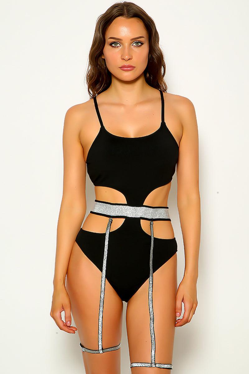 Black Silver Shimmery Cut Out Sexy One Piece Swimsuit - AMIClubwear