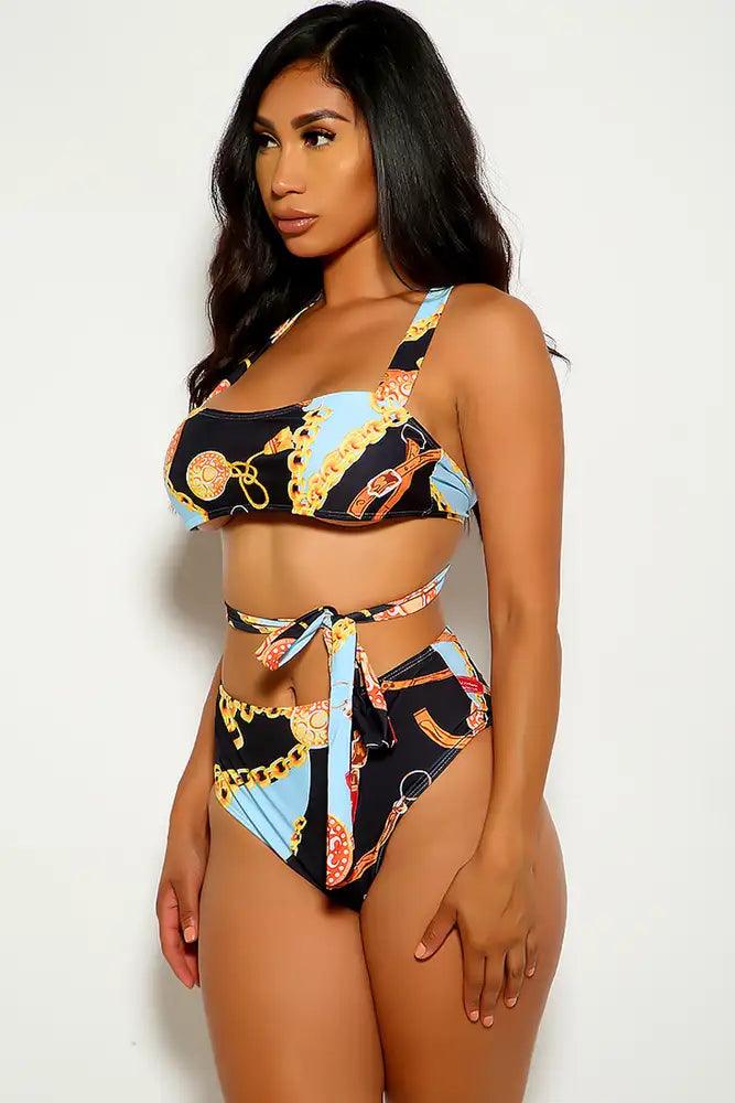 Black Strappy Graphic Print Two Piece Swimsuit - AMIClubwear
